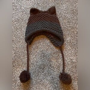 Brown and Gray Knit Cat Ears Hat with Pom Poms